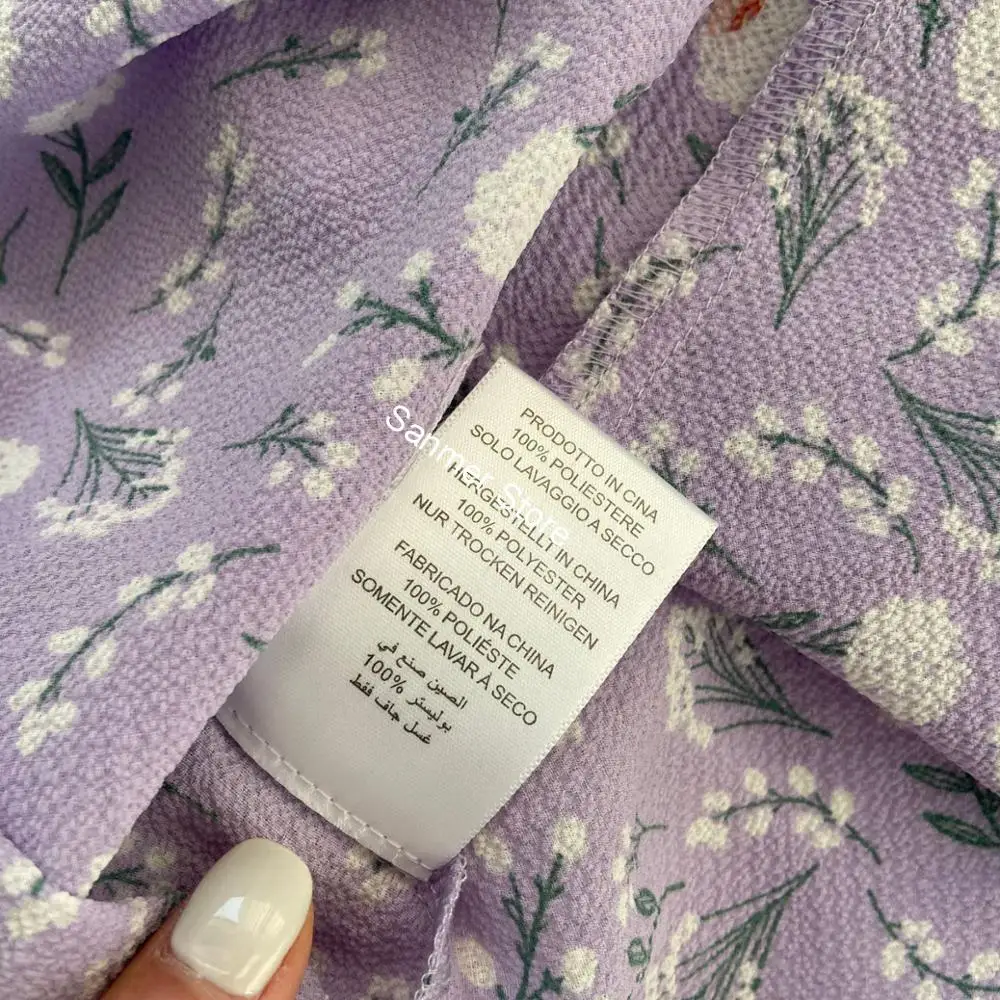 

V-neck Wrap Women Shirt Notched Retro Dandelion Print Purple 100% Polyester One Button Top Puff Sleeve Slim Spring Summer Blouse