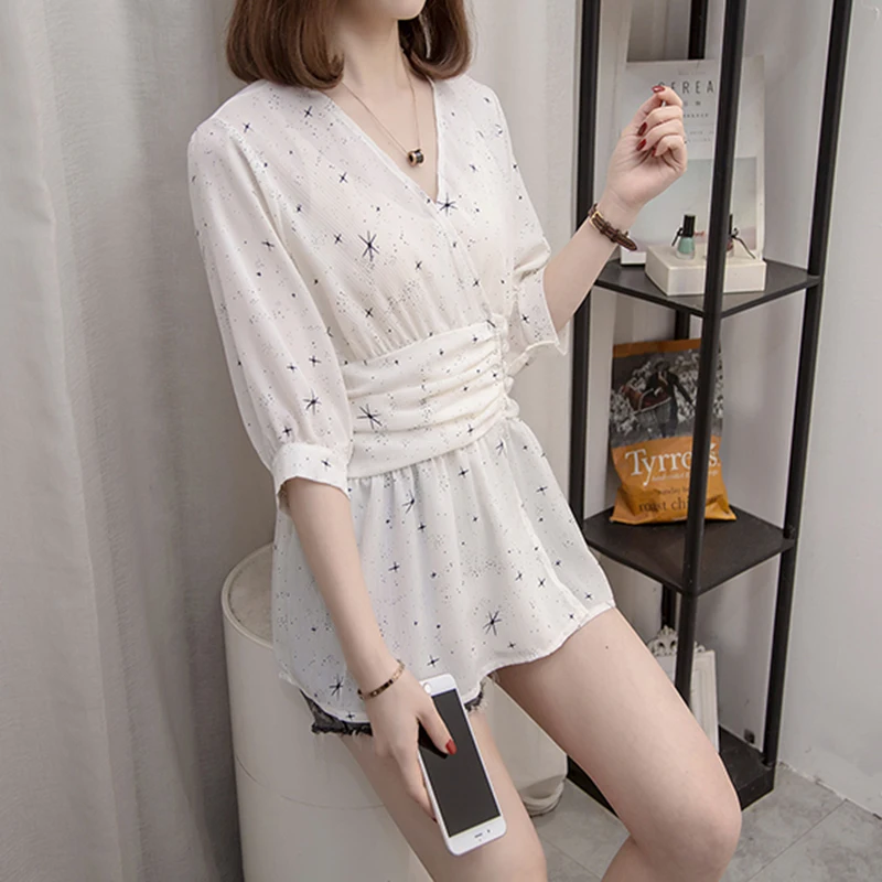 

Elegant Fashion Blouses Short Sleeves Shirt 2021 Summer V-Neck Printed Chiffon Female Elastic Waist Shirts Womens Sweety Tops