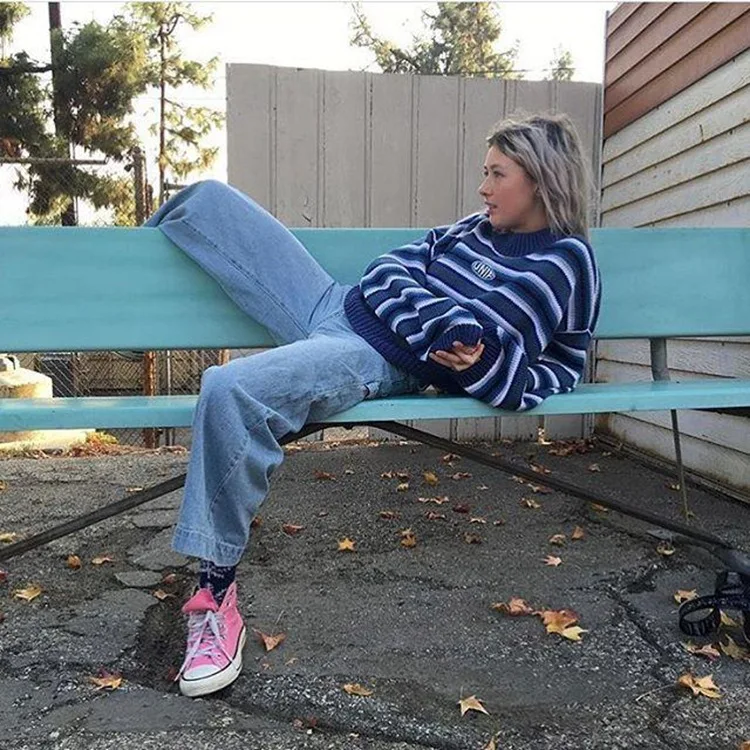 

2021 Harajuku Striped Shirt Cotton Pullover Cute High Street Women Sweaters and Pullovers Long Sweater