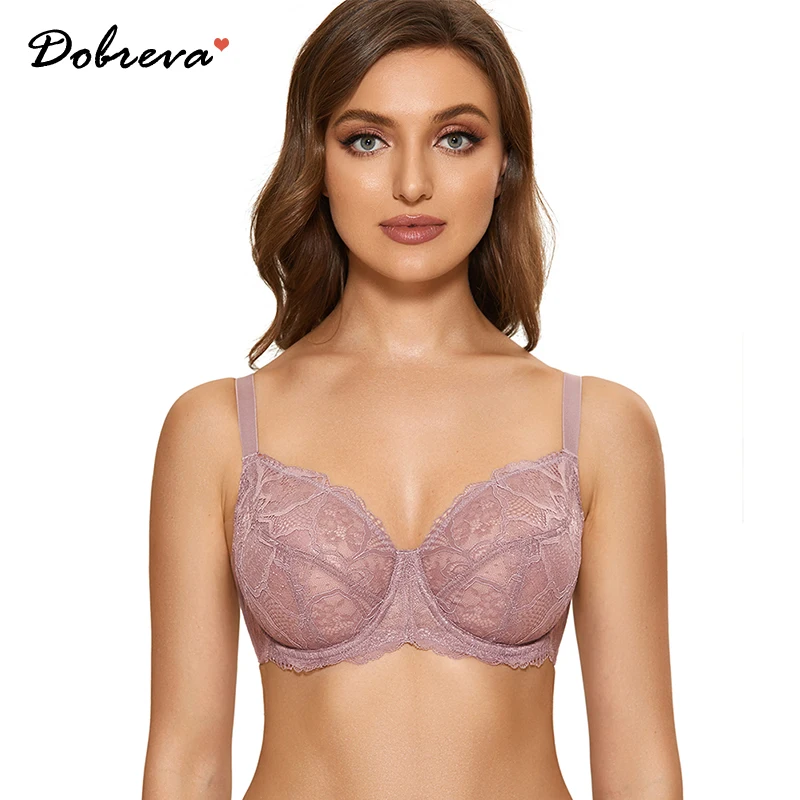 DOBREVA Women's Minimizer See Through Unlined Lace Bra Full Coverage Underwire Plus Size Bralette