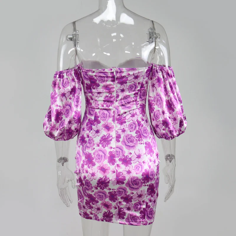 

Summer Woman Dress Sexy Off The Shoulder Puff Sleeve Floral Bodycon Dress Print Push Up Padded Satin Party Dresses