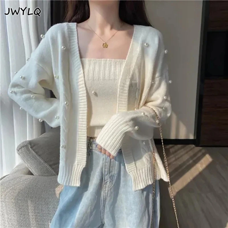 

Korean Sweet Two-piece Suit Fashion V-neck Pearl Cardigan Knitted Sweater + Sling Sweater Women Autumn Twist Loose Sweaters Coat