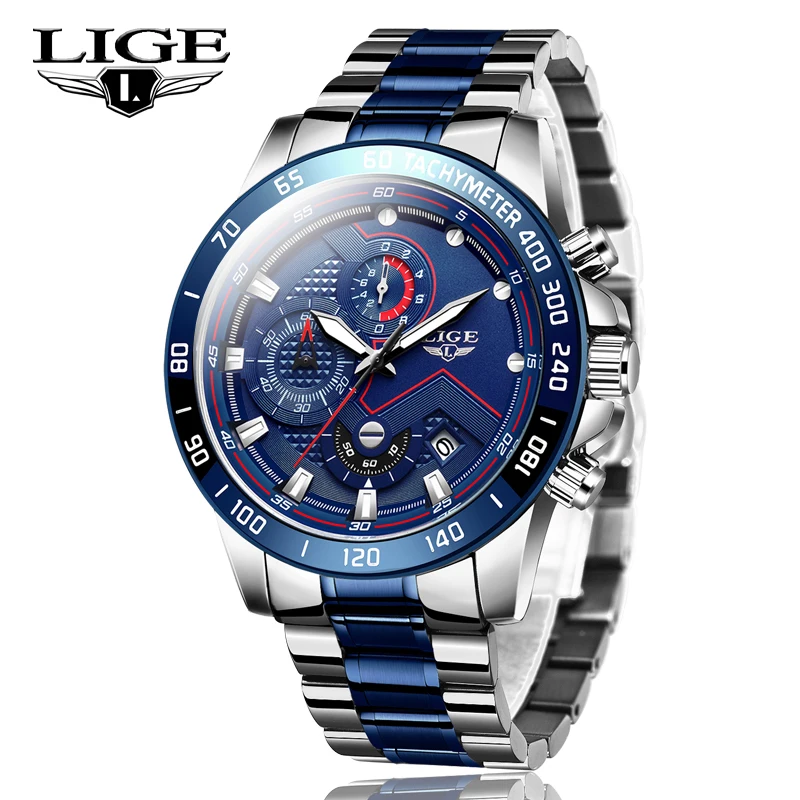 Мужские водонепроницаемые кварцевые часы с хронографом и браслетом из