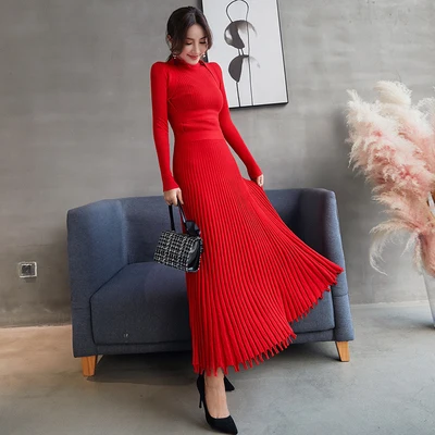 Красный Women Slim Long Maxi Knitting Sweater Dress Autumn Winter Full Sleeve Pleated A-line Dress Big Swing Ladies Pullover Dresses - Цвет: Красный