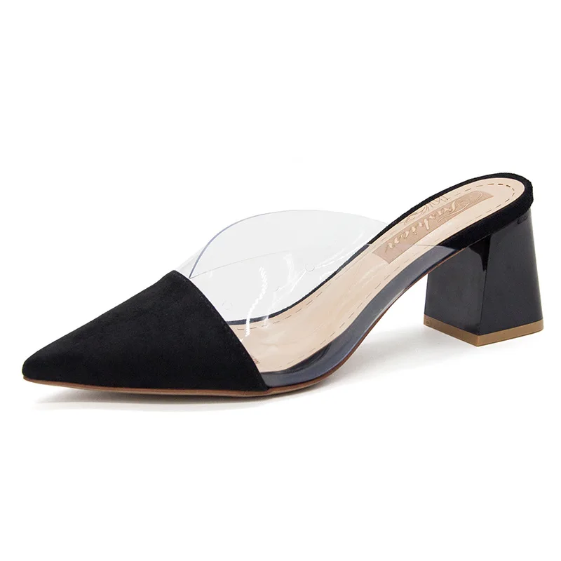

Shoes Woman 2021 Transparent Slippers Square heel Cover Toe Luxury Slides Heeled Mules Pantofle Block Designer High New Pointed