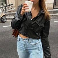 50 dropshipping buttons closure turn down collar women jacket faux leather short type flap pockets motorcycle jacket