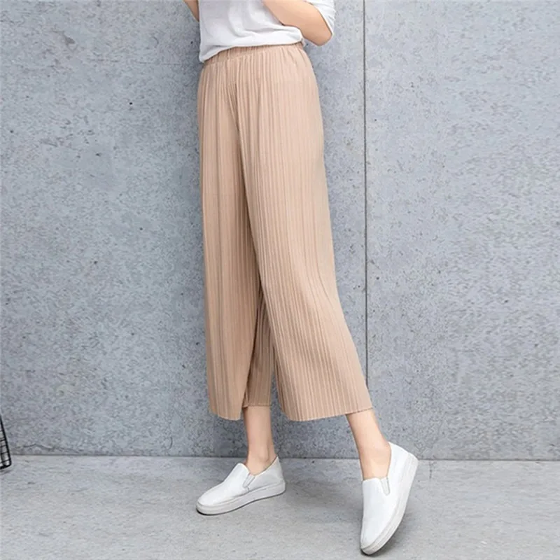 

Casual Pleated women's Pants Loose Solid Color Fashion Street High Quality Wide Leg Pants Summer Chiffon women's Pants