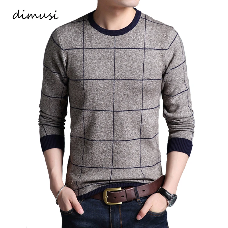 DIMUSI осень зима мужской свитер Повседневный с круглым вырезом клетчатая