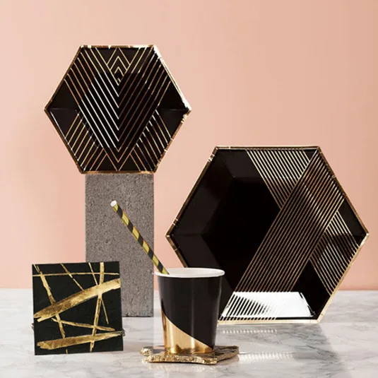 

72pcs Large 9inch Plate Black and Gold Paper Plates Small 7inch Foil Gold Hexagon Plates For Birthday Wedding Party Supplies