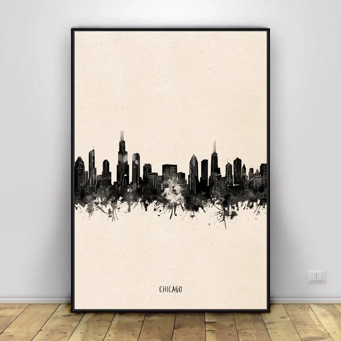 

Chicago City Black ink Abstract Canvas Painting Art Print Poster Picture Wall Modern Minimalist Bedroom Living Room Decoration