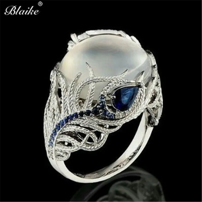 Silver Ring Blaike 925 серебро кольцо инкрустация Синий Циркон Белый огненный опал Павлин кольца с перьями для женщин Свадебные украшения - Цвет основного камня: Silver Ring