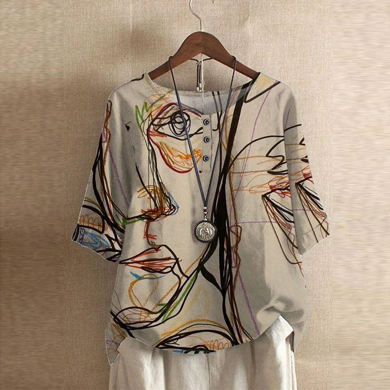 Женская винтажная блузка на пуговицах Повседневная Свободная рубашка с
