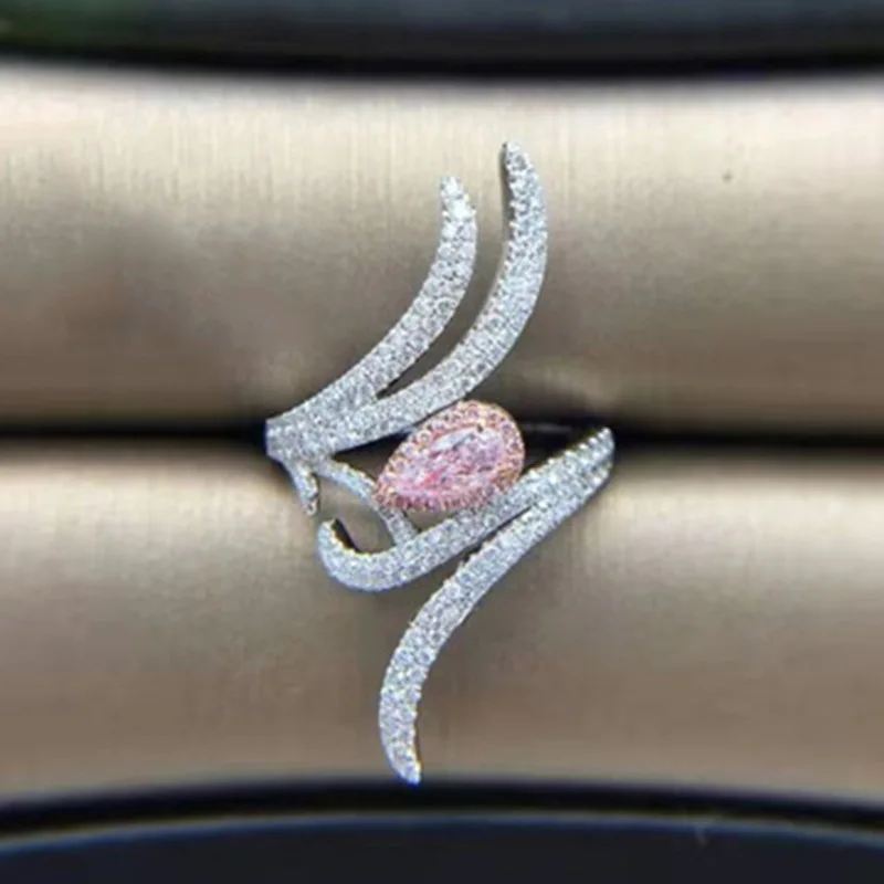 

Trendy Pink Water Drop Zircon Rings Women Luxury Style Crystal Ring Girls Big Angel Wings Jewelry Sweet Party