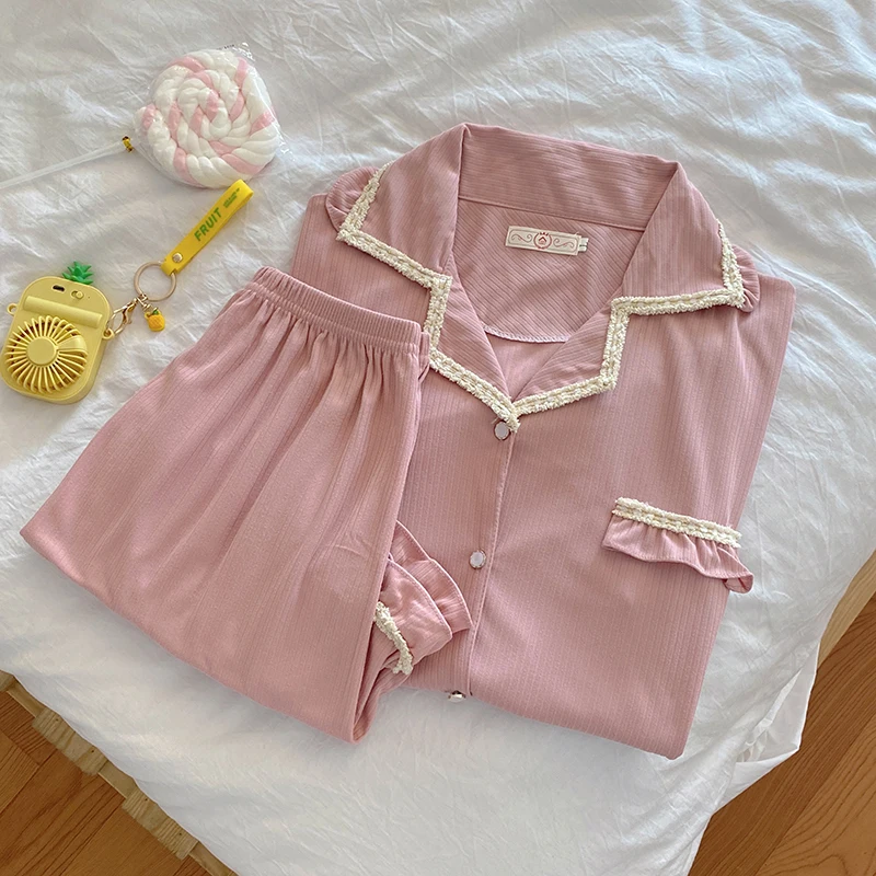 CAIYIER Summer Contracted Pure Color Turn-down Collar Pajamas Suit Sexy Lace Girl Sleepwear Short Sleeve Shorts Pink Loungewear
