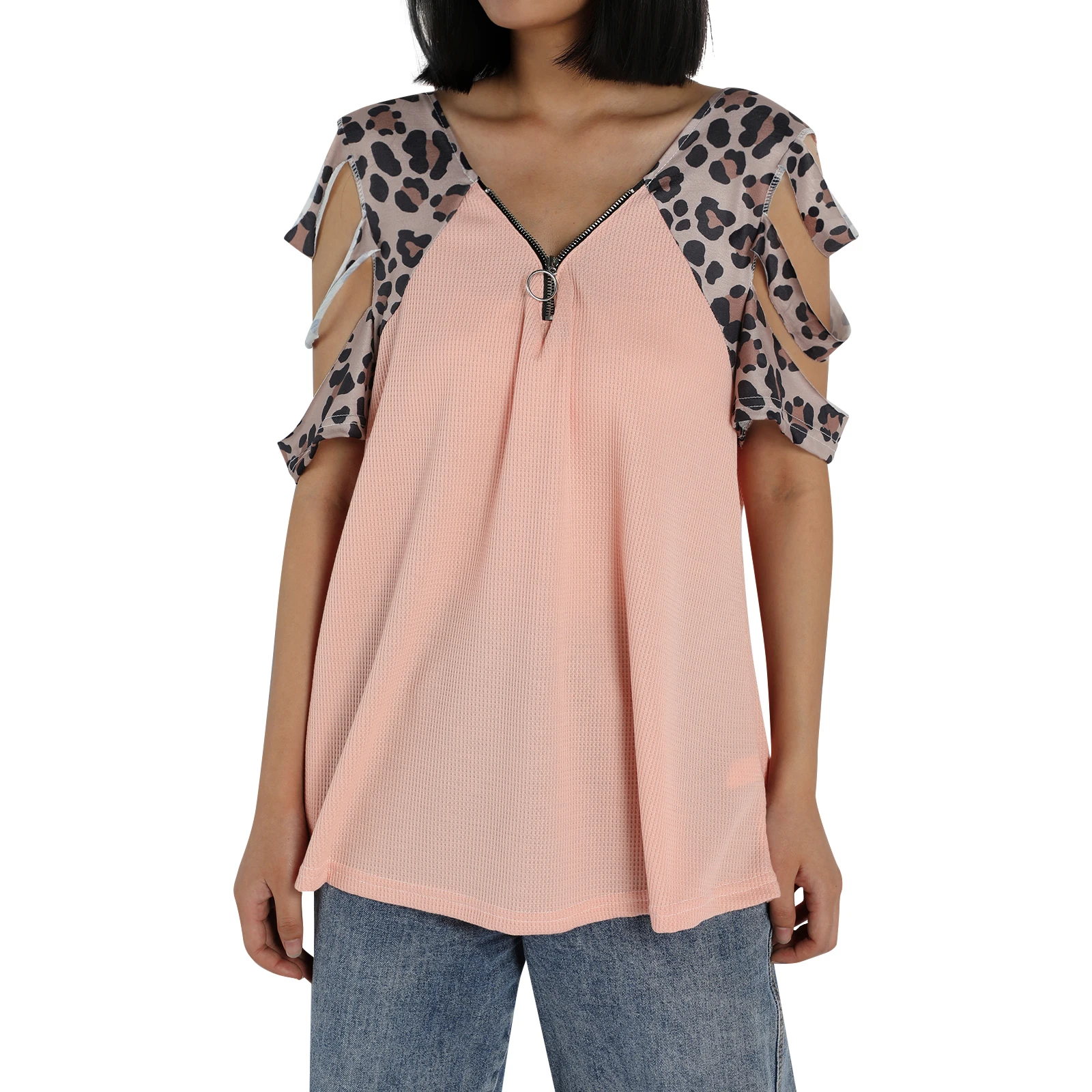 Лоскутная леопардовая Футболка с вырезами женская футболка глубоким вырезом и