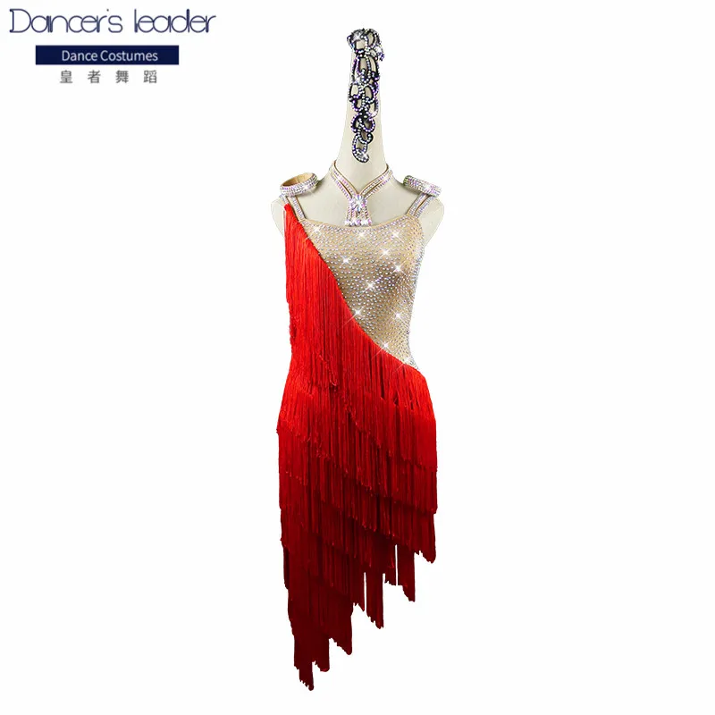 

Latin Dance Competition Dresses Performance Fringe Skirt Adult Girls Rhinestone Red Tassel Clothing Samba Dance Dress