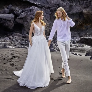Summer Beach A-Line Princess Wedding Dresses Boho Lace V-neckline White Bridal Gowns 2021 Vestidos De Fiesta