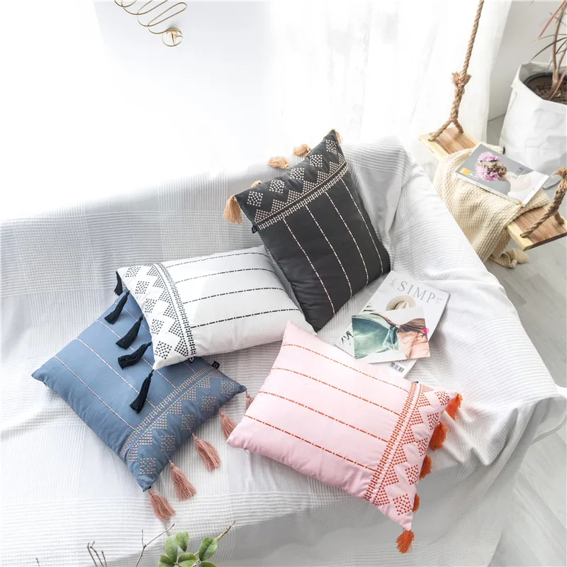 

Home Decoration Cushion Cover European Embroidery Tassel Pillow Case Home Sofa Bed Rectangular 38x48cm Throw Pillow