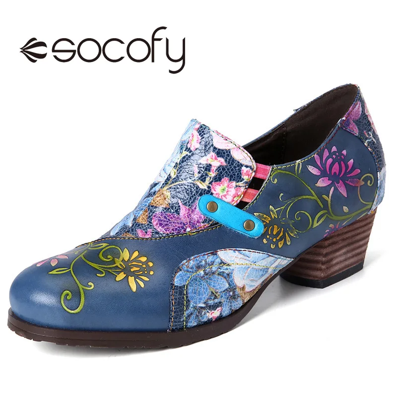 

SOCOFY Women Retro Style Pumps Embossed Flowers Leather Low Heel Shoes Casual Outdoor Party Dress Pumps Botas Mujer 2020