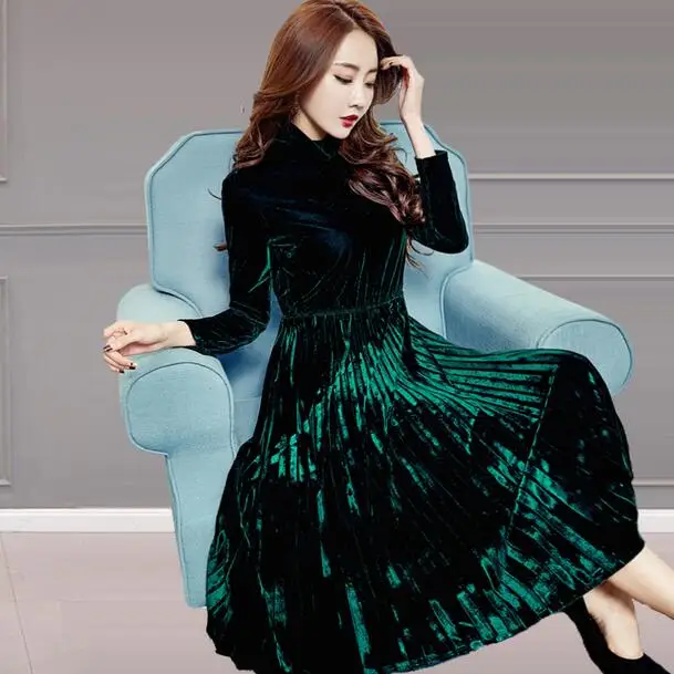 Новые бархатные платья для женщин 2019 весна осень винтажные с высоким воротом и