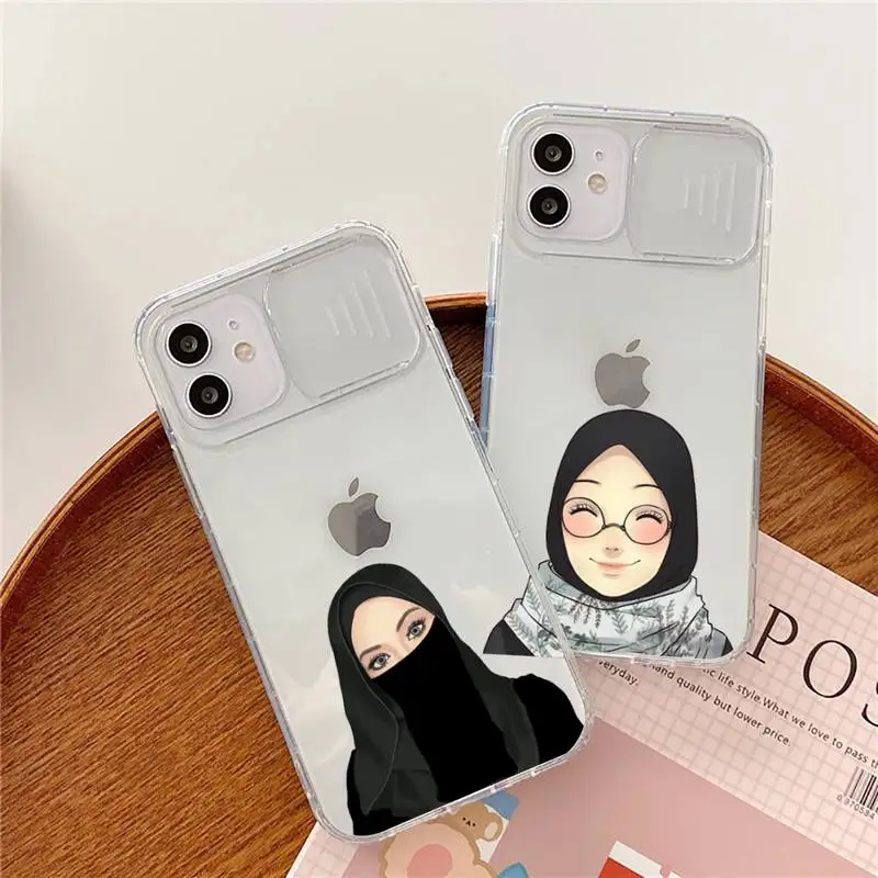 

cartoon hijab muslim Girl Phone Case transparent For iPhone 7 8 11 12 X XS XR MINI Pro Max Plus Slide Camera Lens Protect