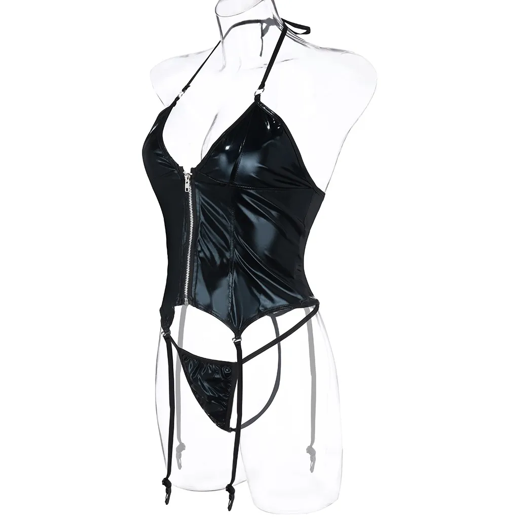 Erotic Sexy Open Crotch Latex Lingerie for Sex Body Suits Women Pvc Bondage Crotchless Faux Leather Bodysuit Thong With Garter |