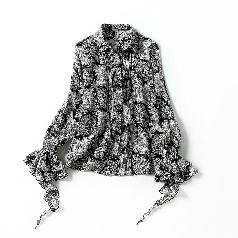 

Женская одежда в европейском и американском стиле, Новинка осени 2021, стильная модная шелковая рубашка с длинными рукавами-фонариками, отлож...