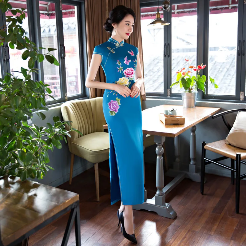 

Summer Blue Sexy Slim Short Sleeve Cheongsam Women Sweet Flower Novelty Qipao S-3XL Vintage Button Trim Chinese Long Dress