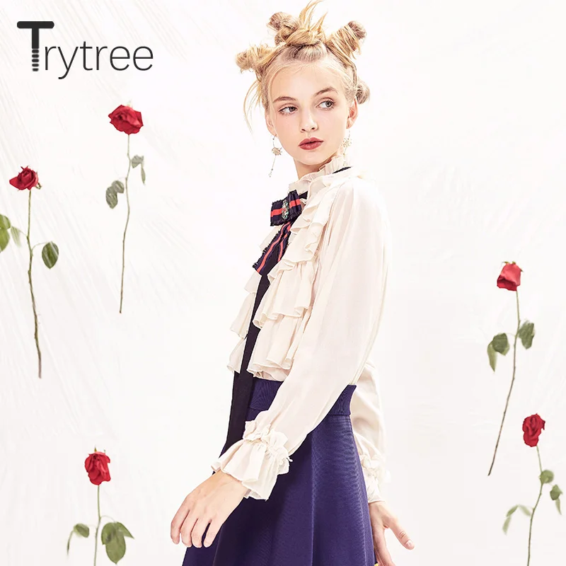 Ttytree/ Осенние блузки, Повседневная рубашка из полиэстера для женщин, Офисная Женская рубашка с длинным рукавом, стоячим воротником, бантом, оборками, модные топы, рубашки