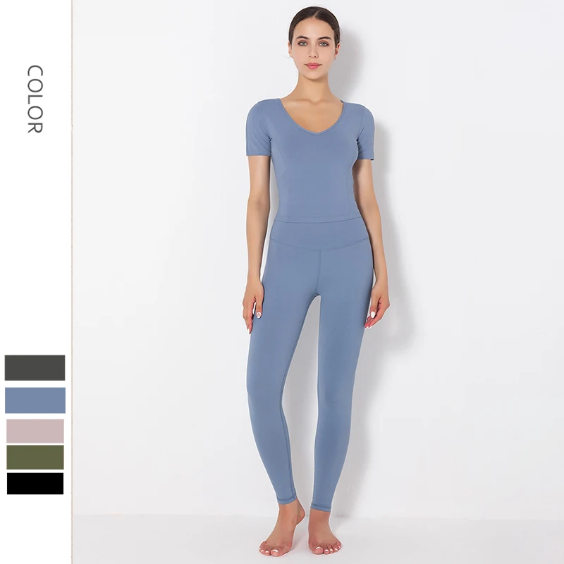 

Women's Tracksuit Sportswear Yoga Sets Gym Clothes Nude Tight Top Short Sleeve Shirts&Leggings Pants Female Running Fitness Set
