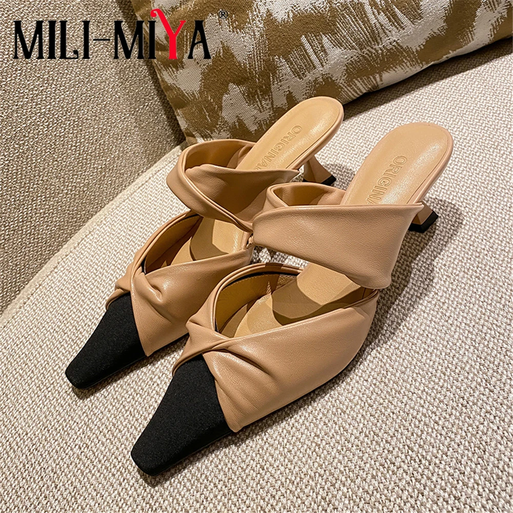 

MILI-MIYA Brand Spring Women Low Heel Mules Pleated Pumps Sandals Elegant Slipper Square Toe Shallow Slip on Slides Shoe Apricot