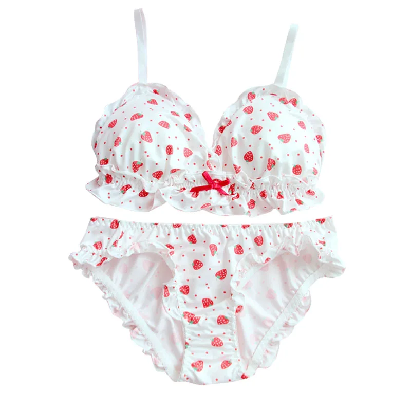 

Lolita Girls Strawberry Push Up Underwear Set Kawaii & Sexy Japanese Anime Bra & Panties Wirefree Ruffle Intimates Lingerie