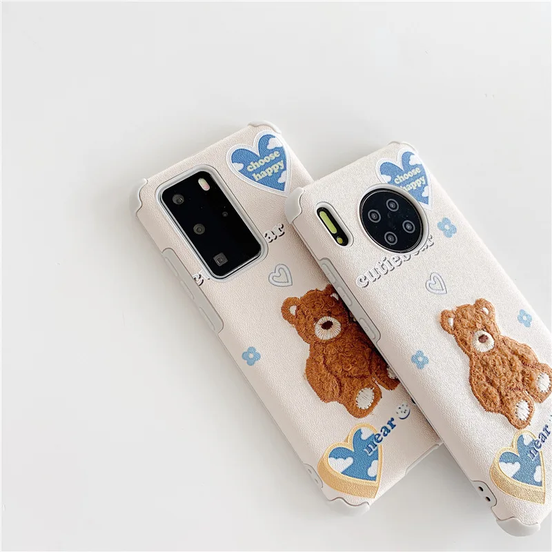 

Cartoon Bear CaseFor Huawei Mate30 Pro Embroidery Cover for P30 P40 5G Nova7 Four Corners Drop Resistance Cases For Mate40