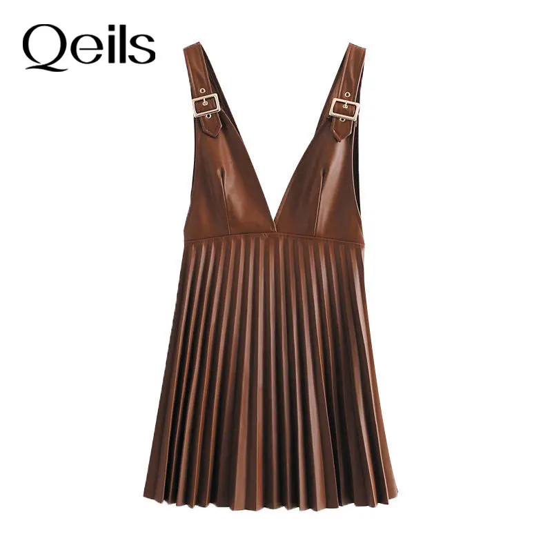 Женская плиссированная юбка Qeils из искусственной кожи повседневная винтажная с V