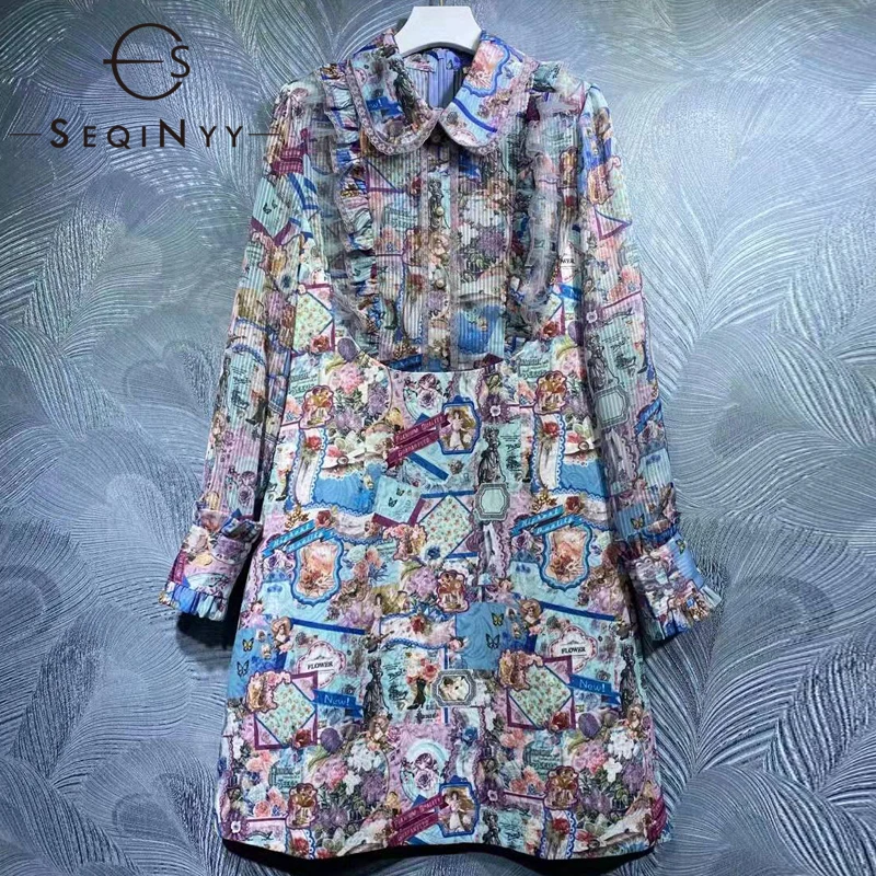 

Женское мини-платье с оборками SEQINYY, голубое Сетчатое модельное платье с винтажным мультяшным принтом, жаккардовое платье для улицы, лето-ве...