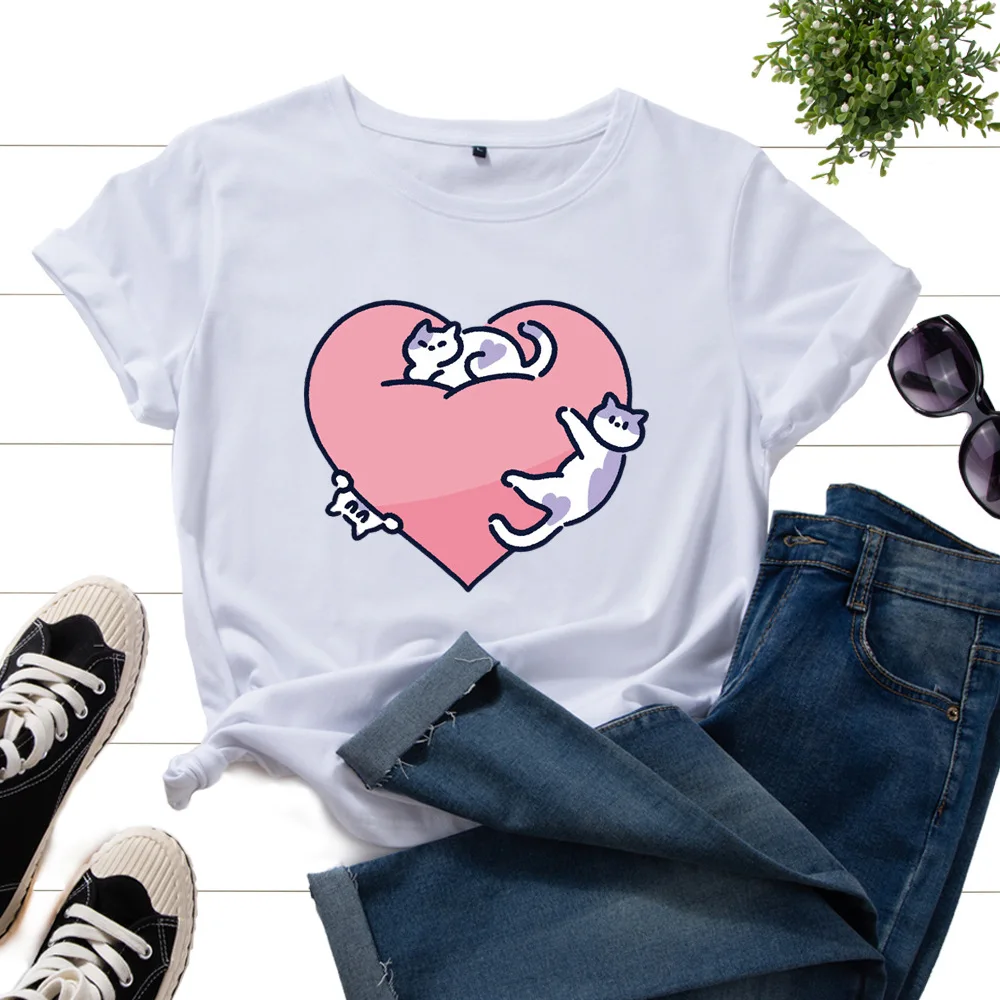 

Cotton T-Shirts for Women Graphic Tees Printed Shirt Short Sleeve Summer Tops Casual Clothes Heart Cute Cats Pet Lover Animal
