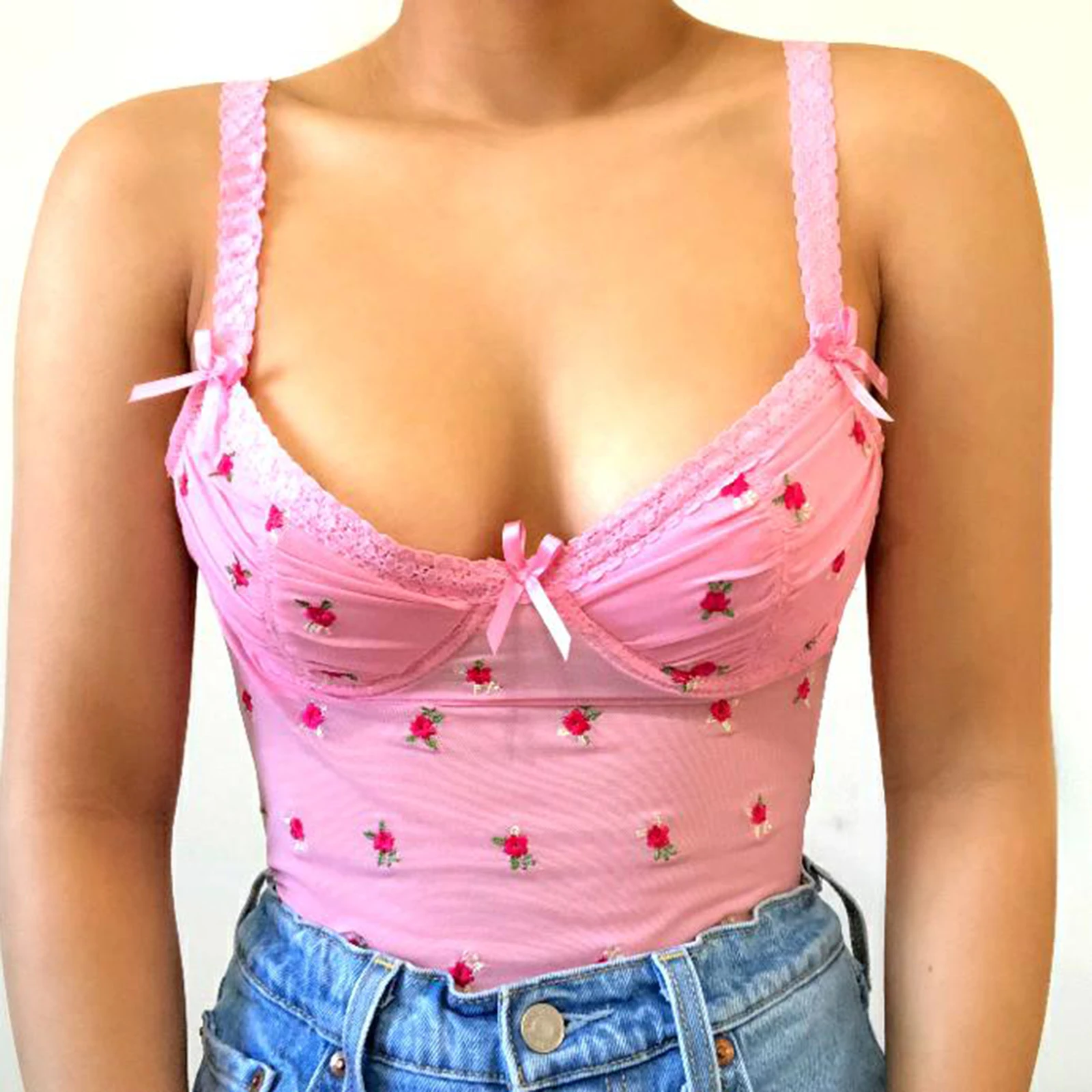 

Women Sexy Embroidered Lingerie, Adults Rose Pattern Lace Strap Bowknot Underwire Padding Tank Top