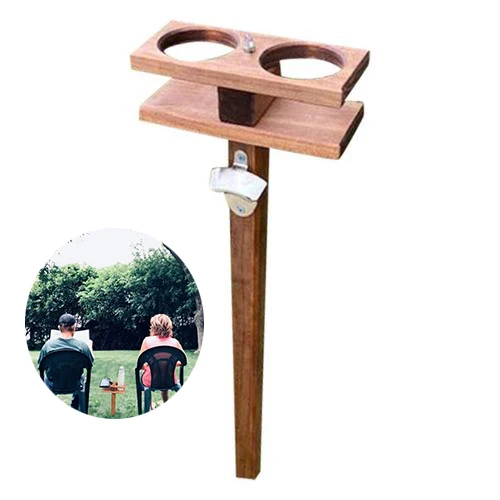 

Outdoor Cup Wine Holder Wooden Drinks Rack Portable Table Easy Installation Picnic Lawn Table Wine Bottle Cup Holder For Camping