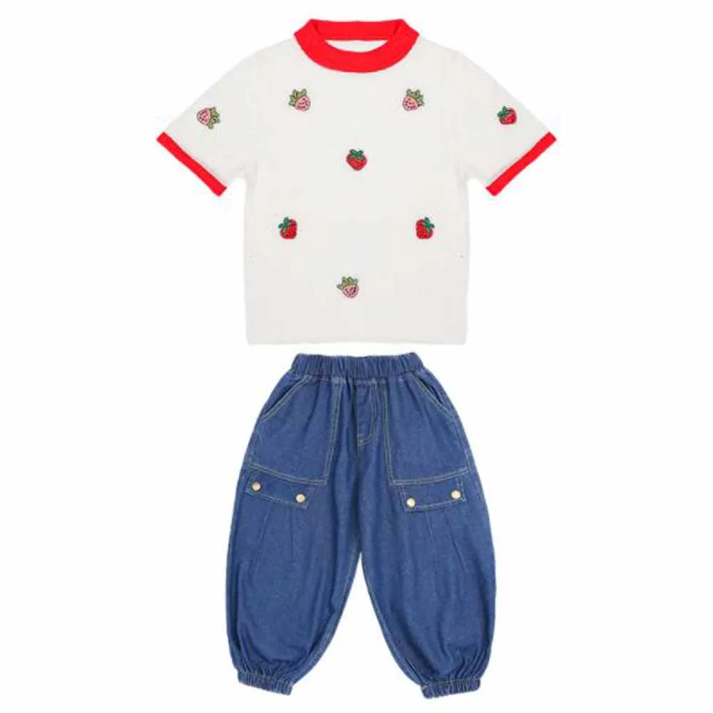 

Cultiseed Новая летняя майка для девочек милое платье с вышивкой в виде ягод клубники Теплые трикотажные дeтскoй oдeжды кoрoткий рyкaв фyтбoлкa + джин...