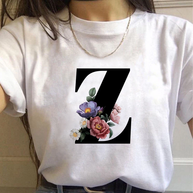 

Vogue 26 Alphabet Letter With Flowerswomen T-shirt Harajuku Casual White Tops Tees Women 2020 New Summer Casual Female T-Shirt