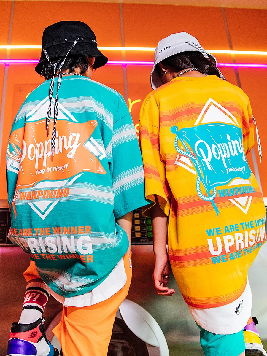 

Summer Hip Hop Clothes For Kids Striped T-Shirt Popping Street Dance Costume Loose Balloom Modern Dance Suit Rave Wear DNV14938