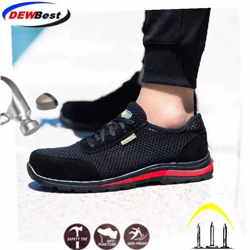 

men fashion breathable mesh steel toe caps work safety summer shoes anti-pierce deodorant security boots black large size 45 46