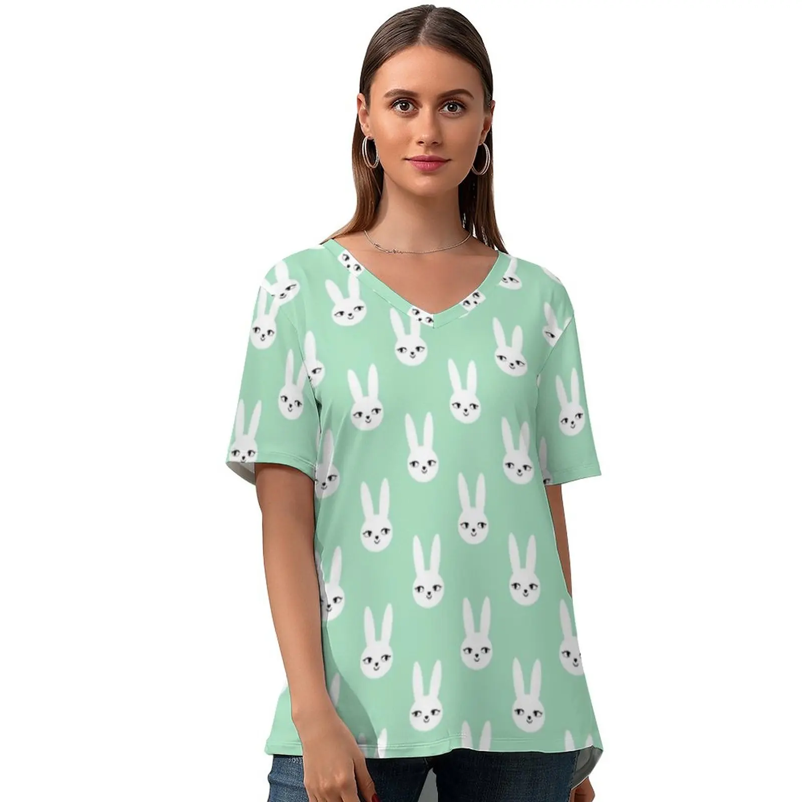 

Bunny T Shirt Summer Print Woman Trendy T-Shirt Short-Sleeve V Neck Tee Shirt Large