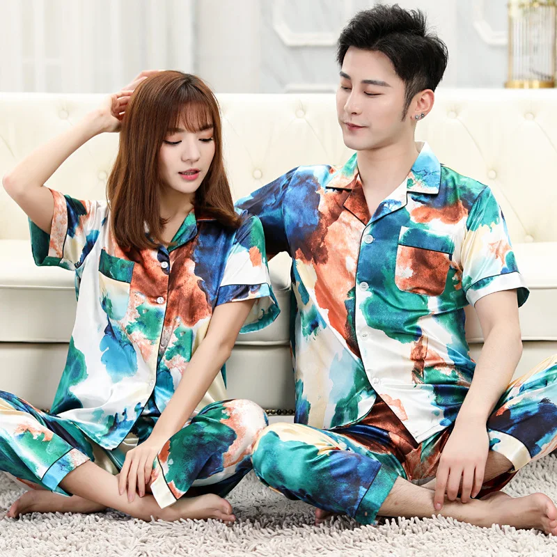 Short Sleeve Trouser Pure Color or Printed Flower Pajama Set Men Thin Silk Sleepwear Set Satin Lounge Wear Couple Snight Pijamas