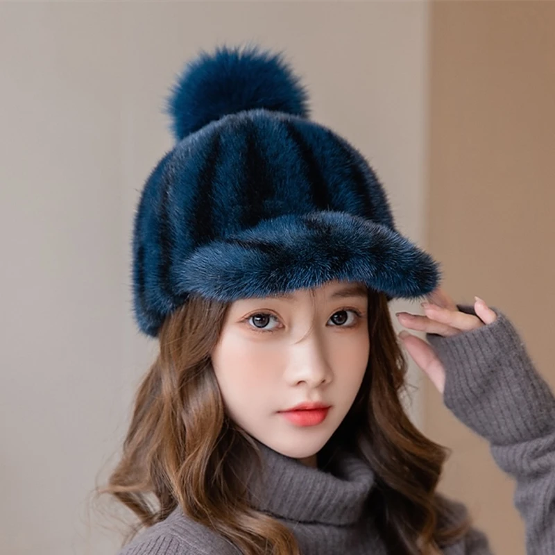 ZDFURS*Hat female autumn and winter mink fur grass mink fashion Korean fashion versatile Knight baseball cap