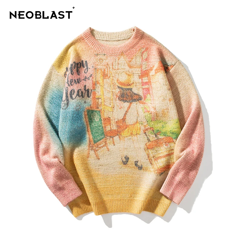 

Женский вязаный свитер в стиле Харадзюку, милый пуловер оверсайз с рисунком граффити, зимние топы из джерси с длинными рукавами для девочек,...