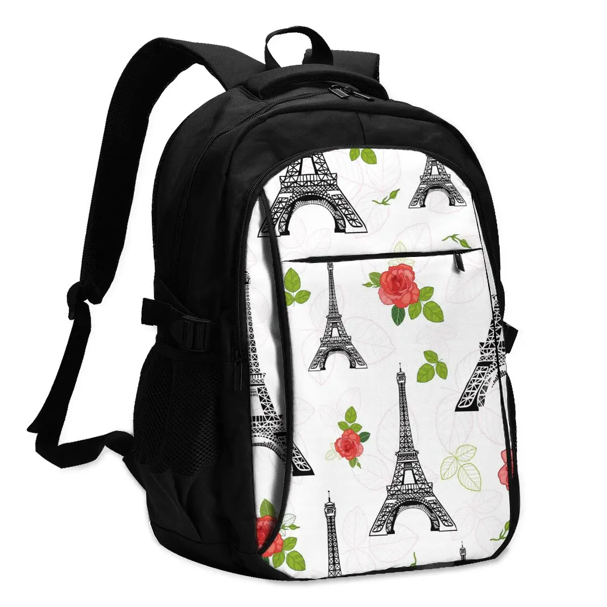 

2021 Hot! Women Men Fashion Backpack Eifel Tower Paris Red Roses Flowers Travel Backpack School Recreation Business Bag