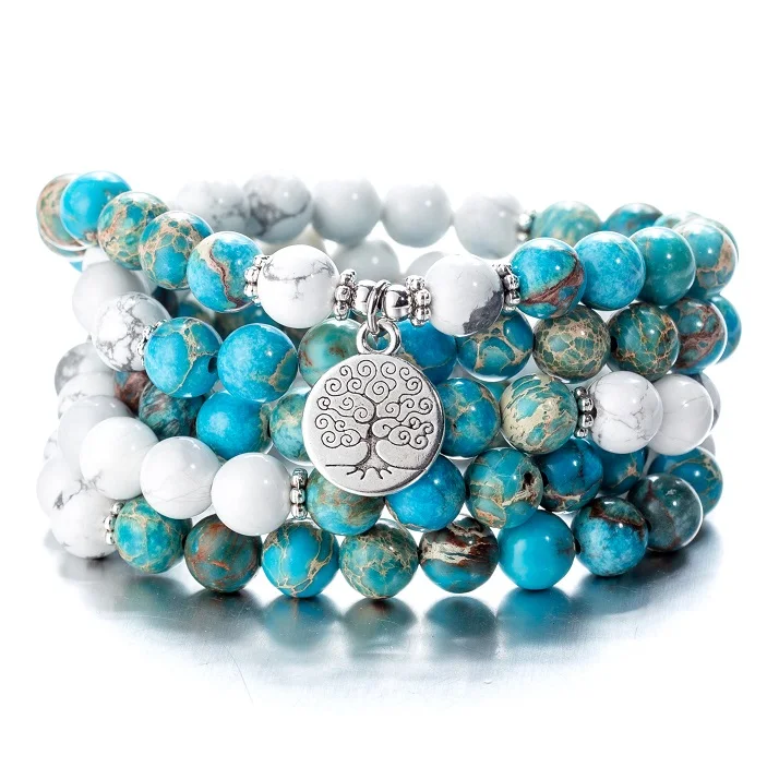 howlite tree Женские 108 бусины, розовые камни, эластичные браслеты, Lotus OM, Будда, молитва, любовь, массивные ювелирные изделия - Окраска металла: howlite tree