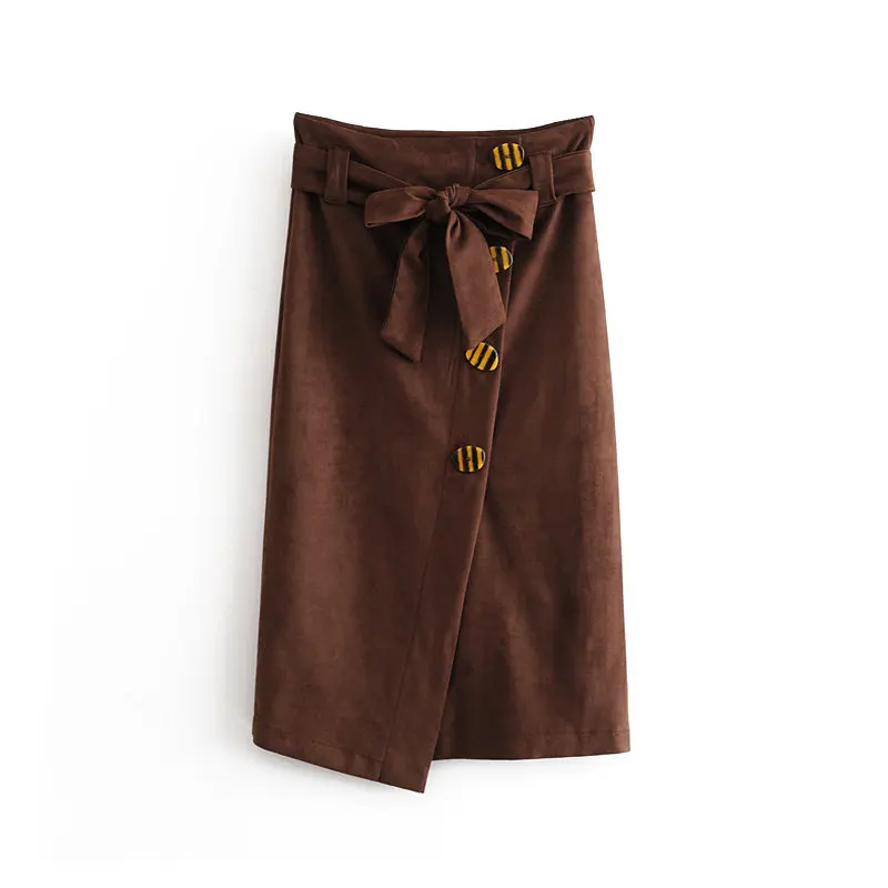 2019 Женская мода пуговицы украшения пояса с бантом замшевая юбка средней длины