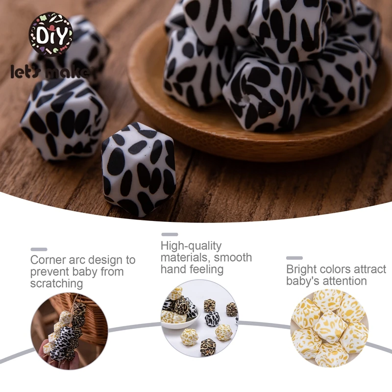 Let's Make-Cuentas octogonales de silicona para mordedores de beb&eacute;, juguetes para masticar, abalorios de leopardo impresos de 14mm, accesorio para manualidades, 10 Uds.-4